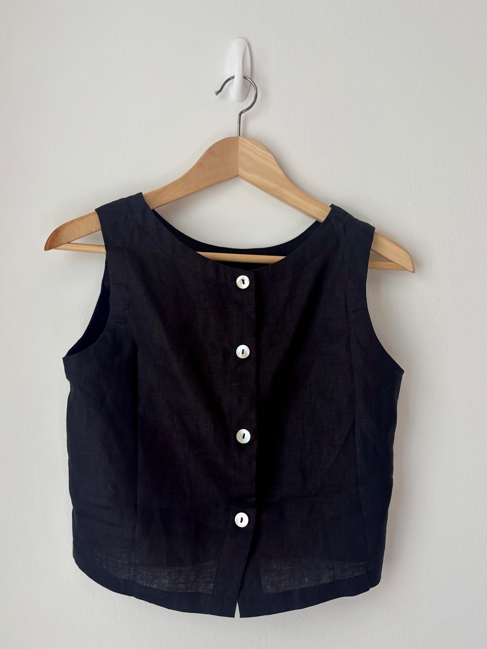 Black linen top with mother of pearl buttons